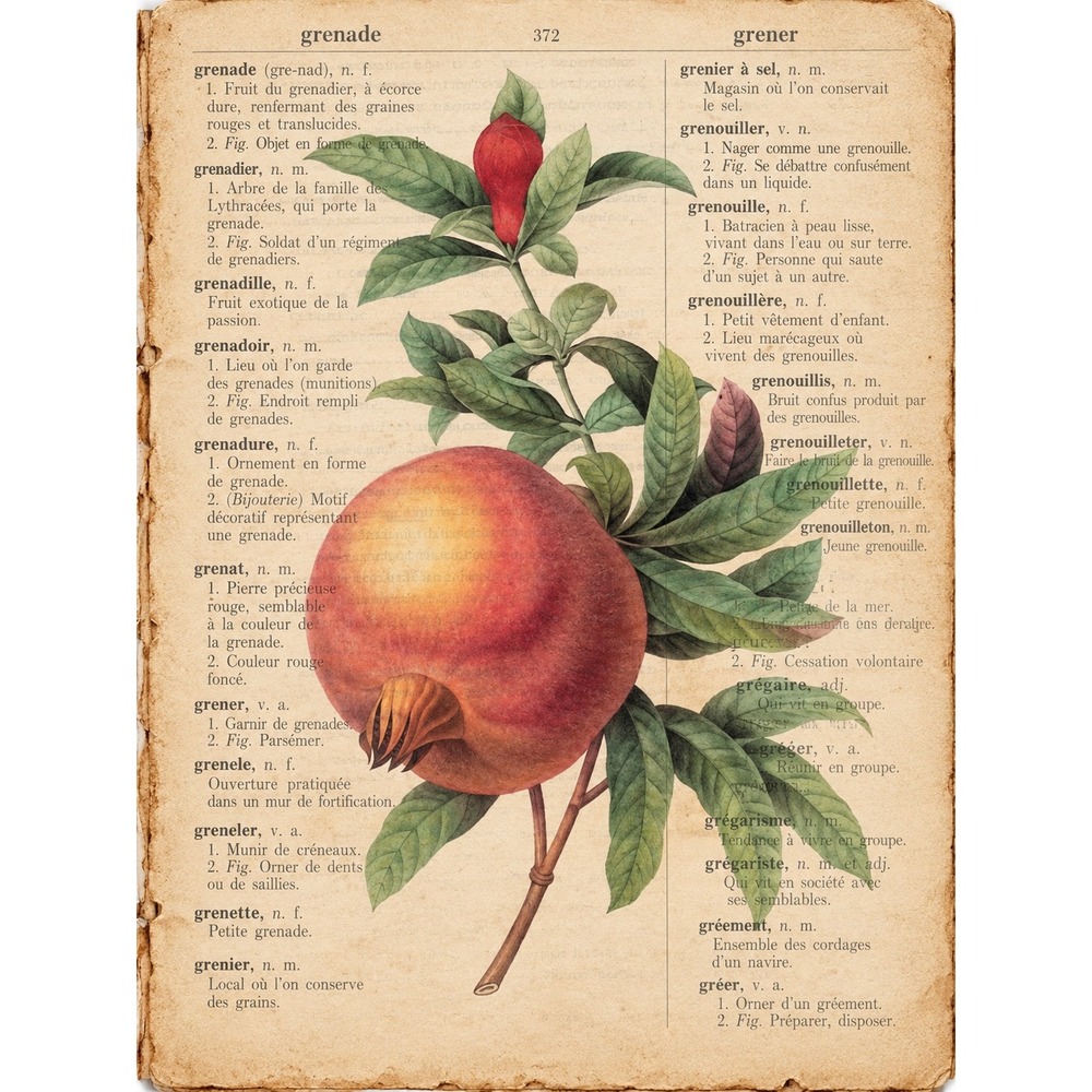 Redouté Pomegranate Dictionary Page Art Print Botanical Cottage Kitchen Decor
